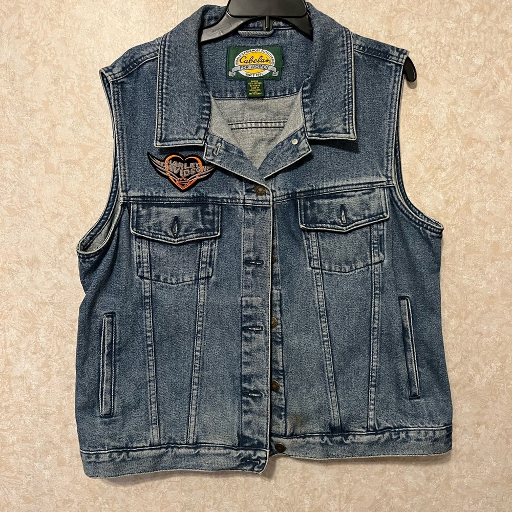 Cabela's Blue Denim Sleeveless Trucker Vest with Patch